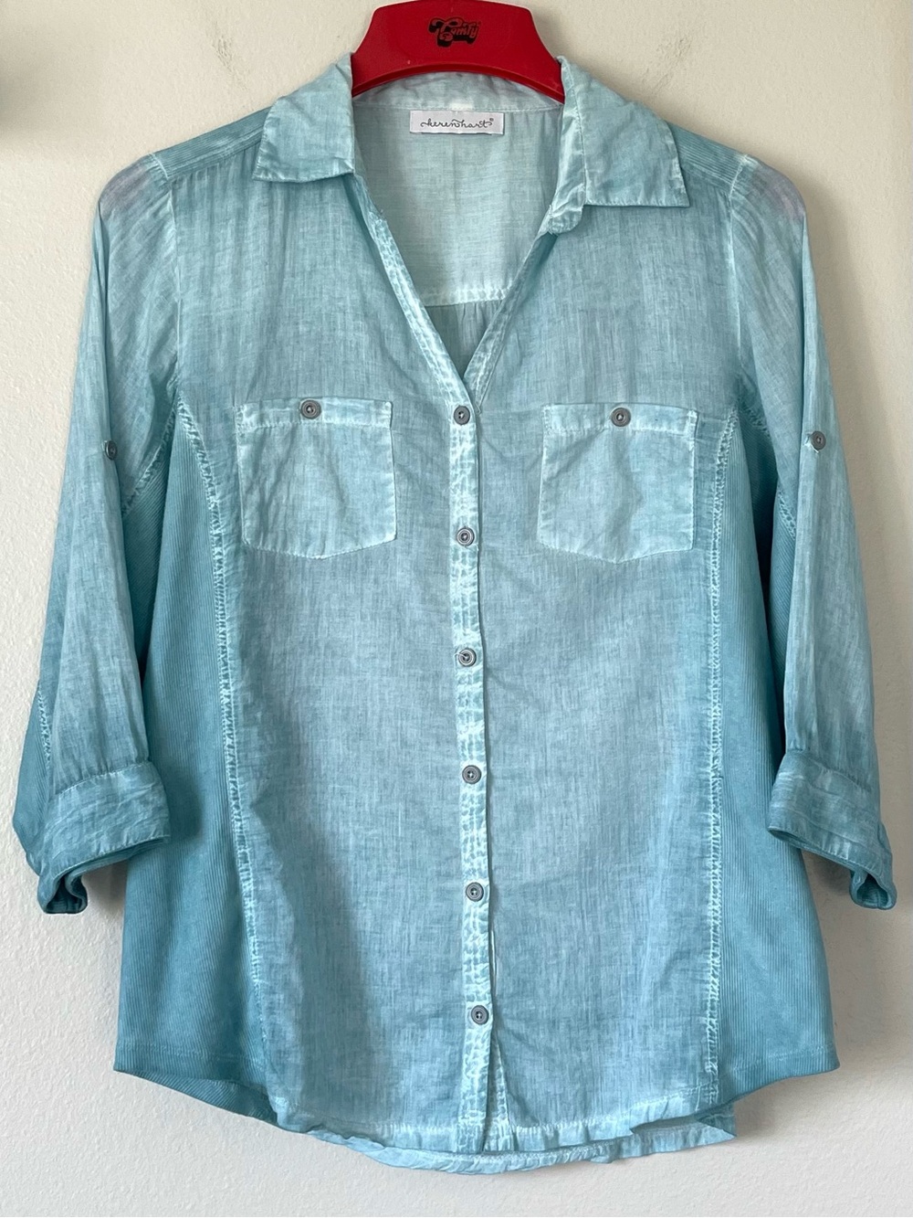Keren Hart Safari Style Blouse - Ribbed Stretch Paneling - Size Medium